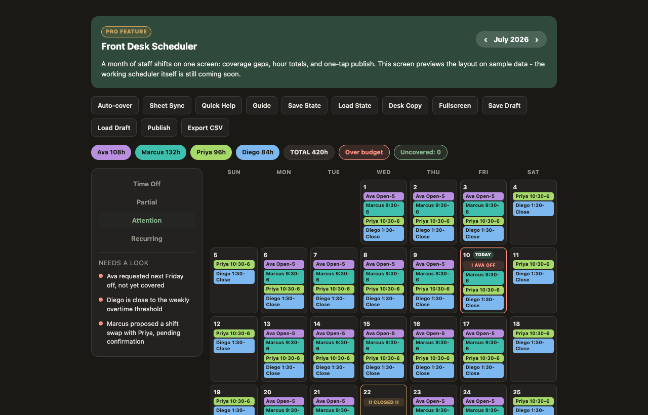 Front desk scheduler: a month of staff shifts with hour totals and coverage flags